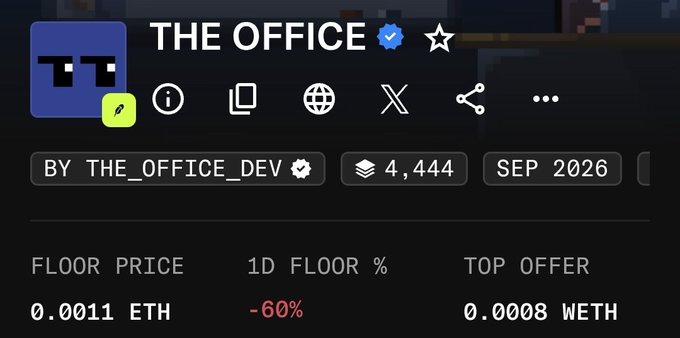 An NFT listing page for "THE OFFICE" collection by THE_OFFICE_DEV with 4,444 items, dated September 2026, showing a floor price of 0.0011 ETH, down 60% in 24 hours, with a top offer of 0.0008 WETH.