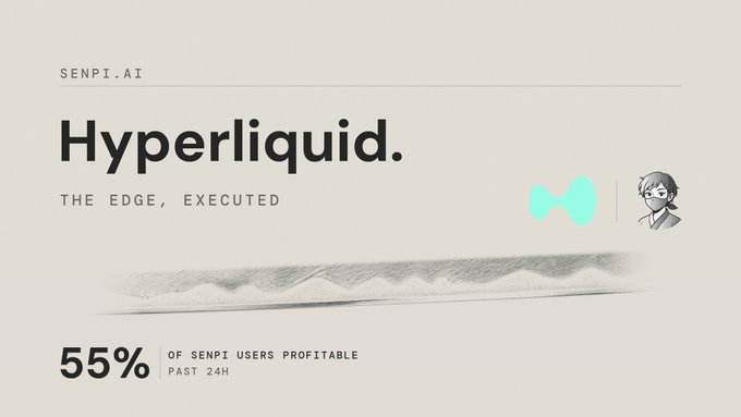 A minimalist graphic for 'SENPI.AI' promotes 'Hyperliquid.' with the tagline 'THE EDGE, EXECUTED' and states '55% OF SENPI USERS PROFITABLE PAST 24H' alongside a sketched wave and a small avatar.