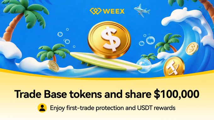 A promotional banner for WEEX featuring a gold $ coin on a surfboard amid a tropical beach scene, advertising a "$100,000 $BASE airdrop" with first-trade protection and USDT rewards for users who trade Base tokens during the event period from September 10-20, 2026.