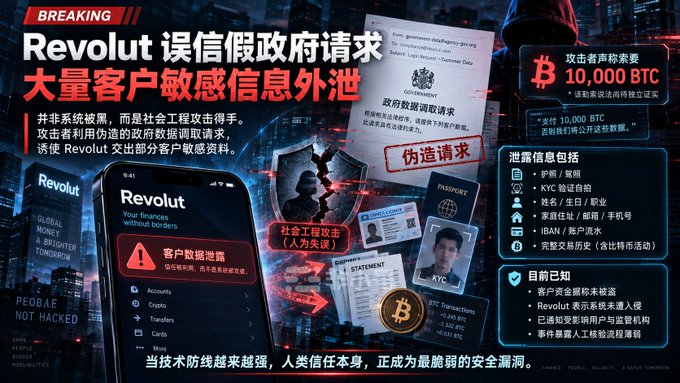 The image is a Breaking News graphic reporting a Revolut data breach, showing that 10,000 BTC was demanded from approximately 50,001 affected customers (Revolut's reported user base), with leaked information including passport photos, KYC verification selfies, names/DOB/profession, home addresses, emails/phone numbers, and IBAN/account balances across 12 languages.

The graphic illustrates the accompanying post's key point: rather than being hacked, Revolut itself complied with a fraudulent government data request from attackers using a compromised official email account, forcing the company to hand over massive amounts of sensitive customer data.