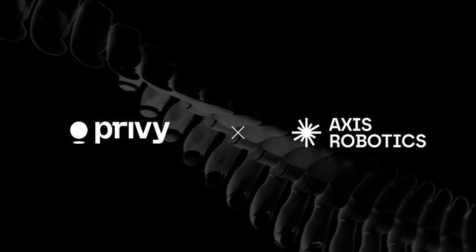 A dark image featuring a faint skeletal spine background displays the logos "privy" and "AXIS ROBOTICS" separated by an "X," symbolizing their partnership. The visual reinforces the post's message about how Axis Robotics used Privy's wallet infrastructure to onboard over 150,000 contributors seamlessly, treating onboarding as core infrastructure from day one.
