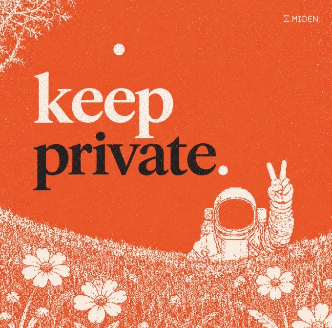The image is a stylized orange graphic featuring the text "keep private." in lowercase serif font, with "keep" in cream/white and "private." in black, set against a textured background with white daisies and coral-like branches, alongside an illustration of an astronaut making a peace sign, with the "MIDEN" logo visible in the top right corner. The visual reinforces the post's message about Miden's privacy-focused blockchain approach, using the astronaut and floral imagery to symbolize personal space and discretion, emphasizing that privacy is a foundational, often overlooked pillar of blockchain adoption beyond just speed and scalability.