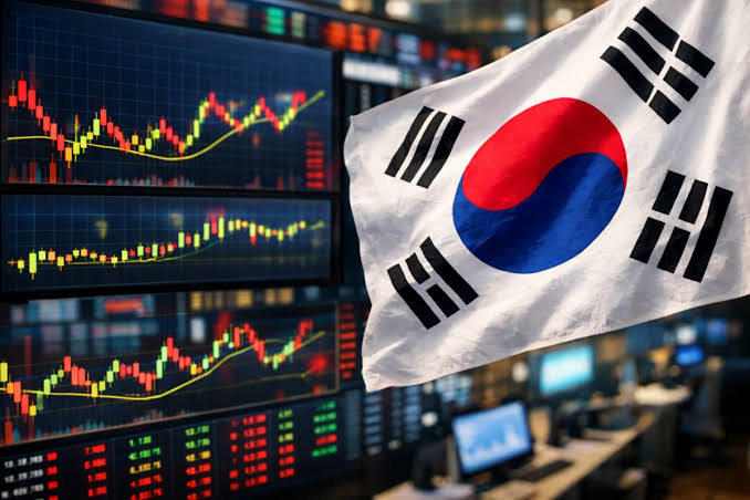 A South Korean flag waves in the foreground with multiple stock market trading screens displaying colorful charts and figures in the background.