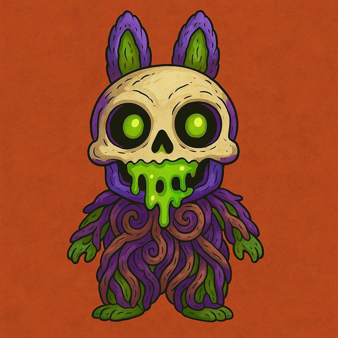 A colorful, spooky illustration of a purple furry creature with large green eyes, wearing a beige skull-like mask with dripping green slime, set against an orange background.