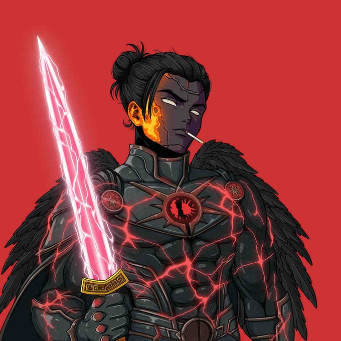 An illustrated warrior with dark skin and a topknot wields a glowing pink energy sword, wearing black feathered armor with red glowing cracks, set against a red background.