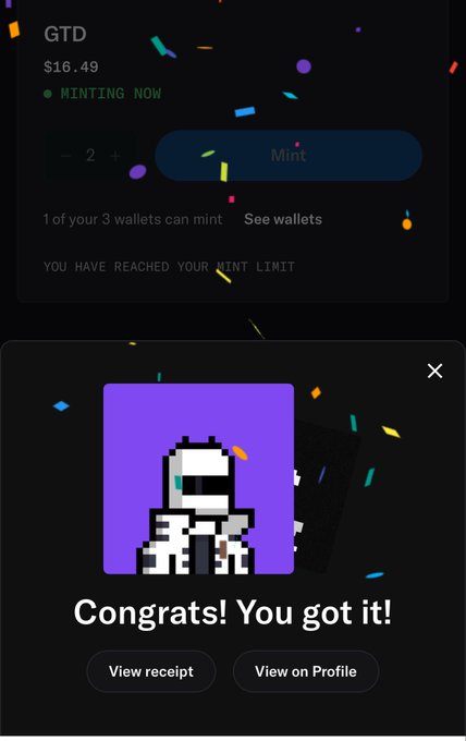 A cryptocurrency NFT minting confirmation screen showing "Congrats! You got it!" for a pixelated astronaut NFT priced at $16.49.