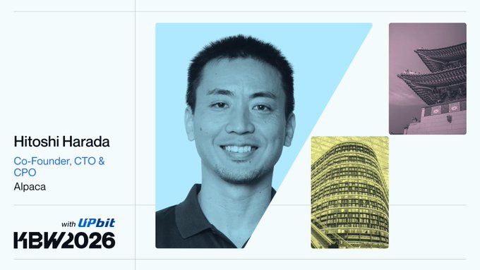A promotional graphic for KBW2026 features Hitoshi Harada, Co-founder, CTO & CPO of Alpaca, alongside blue-toned images of a man, a traditional building, and a modern skyscraper.