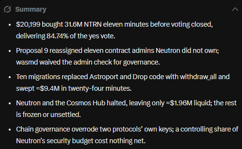 A summary panel details a $20,199 governance attack on Neutron (NTRN), where the attacker purchased tokens 11 minutes before voting closed to deliver 84.74% of the yes vote on Proposal 9, reassigning 11 contract admins across chains including Neutron and Cosmos Hub (Atom), and executing ten contract migrations that replaced Astroport and Drop code with a "withdraw_all" function to sweep ~$9.4M in 24 minutes—corroborating the post's claim that ATOM is "so dead" that a $20K spend could compromise an entire chain and extract roughly $10M in TVL.