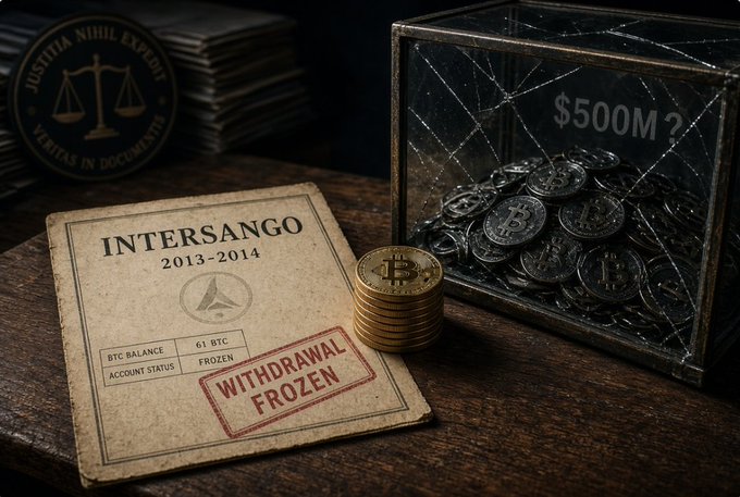 A conceptual image showing a document labeled 'INTERSANGO 2013-2014' stamped 'WITHDRAWAL FROZEN' next to a cracked glass box containing Bitcoin coins with '$500M?' written on it.