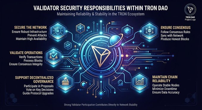 Infographic titled 'VALIDATOR SECURITY RESPONSIBILITIES WITHIN TRON DAO - Maintaining Reliability & Stability in the TRON Ecosystem' showing six categories: Secure the Network, Ensure Consensus, Validate Operations, Maintain Chain Reliability, and Support Decentralized Governance.