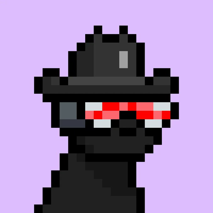 A pixel art portrait of a dark, ninja-like figure wearing a mask and a headpiece, set against a solid purple background.