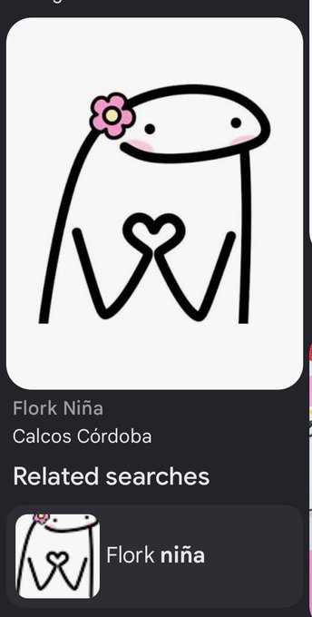 The image shows a cute cartoon character called "Flork Niña" with a pink flower in her hair, making a heart shape with her hands, displayed in a search result for "Flork Niña" and "Calcos Córdoba" with a related search for "Flork niña." The post explains that Flork Niña is the female counterpart of Flork Man in couple memes, and the image showcases the meme character being put onchain and paired with $BTC.