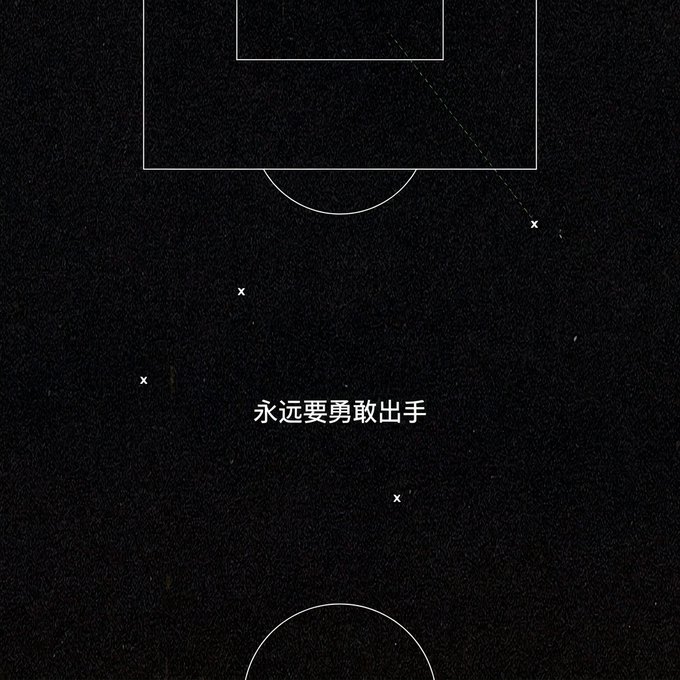 The image depicts a dark, top-down view of a soccer field with white boundary lines marking the penalty box and center circle, alongside scattered "x" marks representing player positions and a faint diagonal trajectory line indicating a shot on goal. Centered in the image is the Chinese text "永远要勇敢出手," which translates to "Always be bold and take your shot."

This visual metaphor directly mirrors the post's message—translating the concept of taking decisive action on the soccer field into a broader life philosophy about courage and boldness, with the empty goal awaiting a player willing to make the attempt.