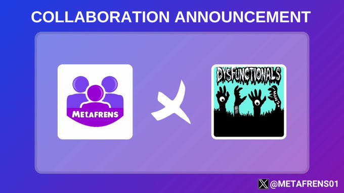 The image features a purple background with two logos side by side. The top logo displays the text "Collaboration Announcement" written in white, while the bottom logo has a green background that says "Dysfunctionals" in black letters. Both logos are accompanied by a small image of a person holding a book titled "Dysfunctionals".