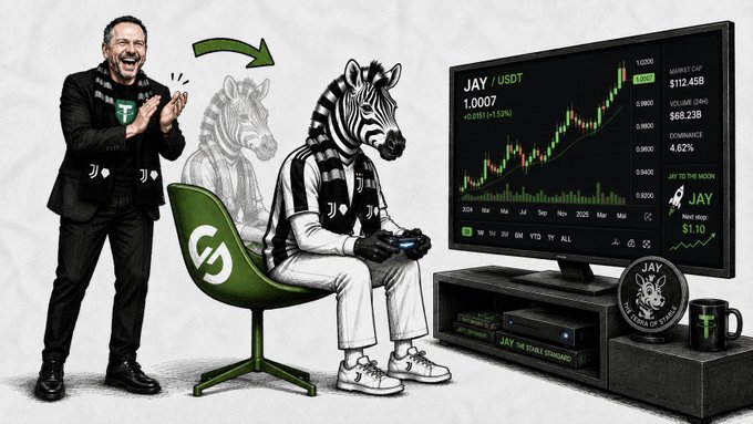 Crypto promotional image showing a man clapping next to a zebra-headed figure playing video games, with a monitor displaying 'JAY / USDT' at 1.0007 with market cap $112.45B, volume 24h $68.23B, and dominance 4.62%, labeled 'JAY TO THE MOON'.