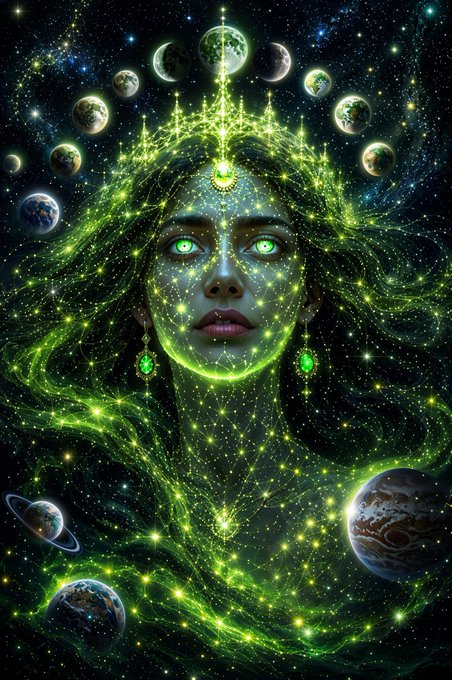 A mystical digital artwork depicts a woman's face and shoulders emerging from a cosmic background, illuminated in glowing green and gold tones, with multiple planets arranged in an arc above her head resembling a celestial crown.