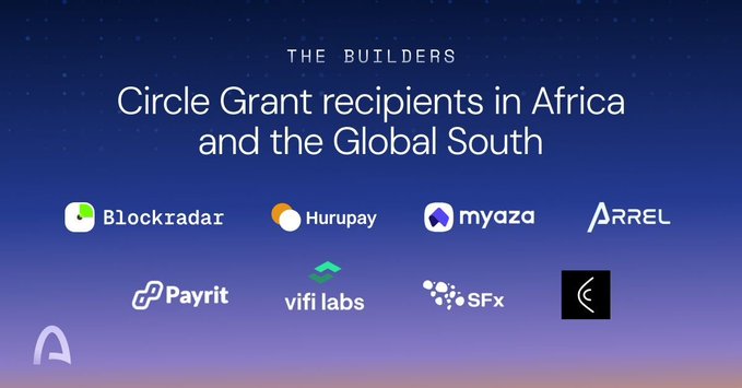 A blue gradient graphic titled 'THE BUILDERS Circle Grant recipients in Africa and the Global South' showing logos for Blockradar, Hurupay, myaza, ARREL, Payrit, vifi labs, SFx, and others.