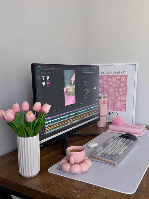 A cozy pink-themed workspace features a monitor running video editing software, a "FLOWER MARKET TOKYO" poster, fresh pink tulips, and a flower-shaped mug — a creator's aesthetic setup symbolizing the blend of AI-driven work and digital innovation highlighted in the "AI x Crypto is just getting started" post.