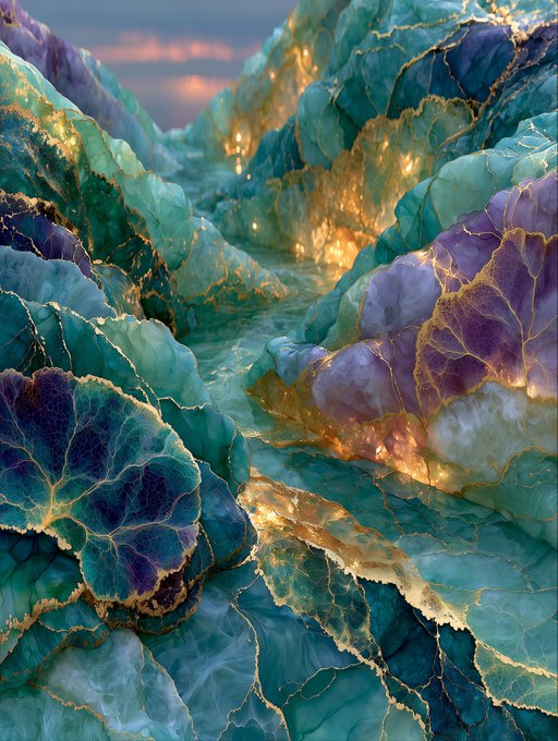 A vibrant digital artwork depicting a rocky landscape with glowing gold veins running through purple and teal crystalline formations under a sunset sky.