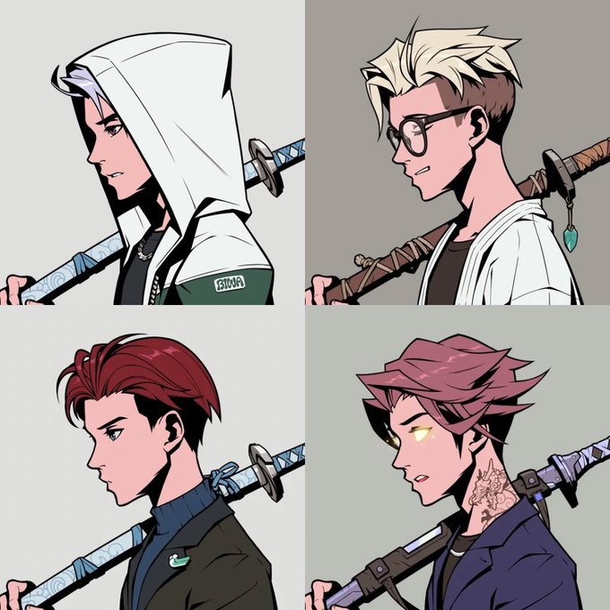 A four-panel illustration of stylized anime/manga characters in profile view, each carrying a sword on their back, featuring varied hairstyles including white hair with a hood, blonde with glasses, red hair, and purple hair with a tattoo.