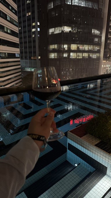 A hand holding a glass of red wine is raised in the foreground, overlooking a nighttime cityscape with illuminated high-rise buildings.