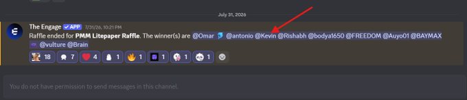 A Discord message from 'The Engage' APP dated July 31, 2020, listing winners of a 'PMM Litopaper Raffle' with a red arrow pointing at a tagged username.