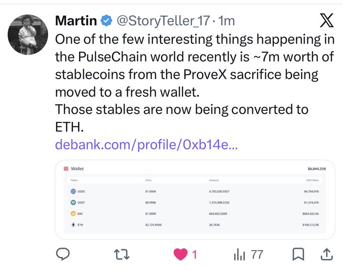 A tweet from Martin (@StoryTeller_17) discusses approximately 7 million dollars worth of stablecoins from the ProveX sacrifice being moved to a fresh wallet and converted to ETH, with a screenshot showing a wallet holding USDC, USDT, DAI, and ETH totaling $6,844,258.