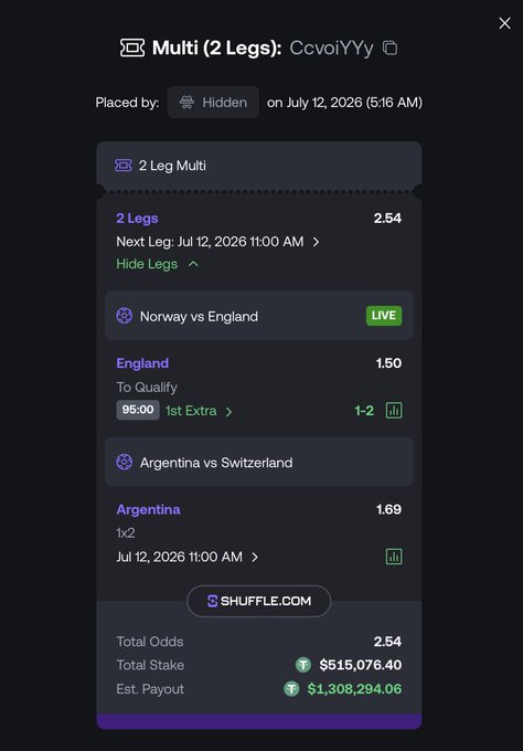 A Shuffle.com betting slip showing a 2-leg multi placed by "Hidden" on Norway vs England (live, 1-1 at halftime) and Argentina vs Switzerland, risking $515,076.40 on 2.54 odds for an estimated payout of $1,308,294.06. The screenshot captures the high-stakes wager referenced in the post about chasing a $1.3M payout.