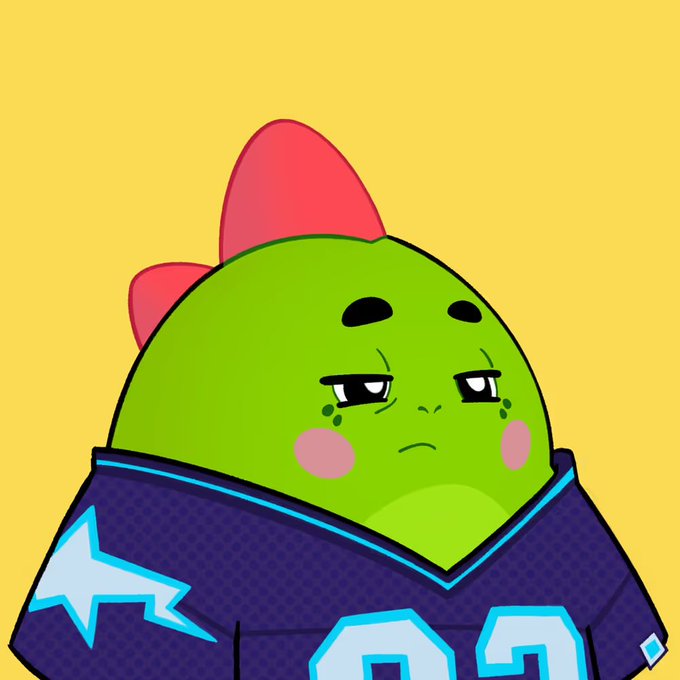 A cartoon illustration of a green dinosaur-like character with a red crest, wearing a purple sports jersey with the number 22 and a star logo, set against a yellow background.