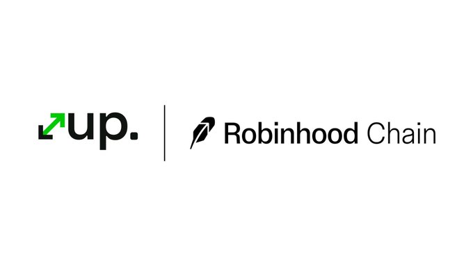 The image displays the logos of "up." and "Robinhood Chain" side by side, separated by a vertical line. This visually reinforces the post's message that "up" is a native exchange built on the Robinhood Chain platform.