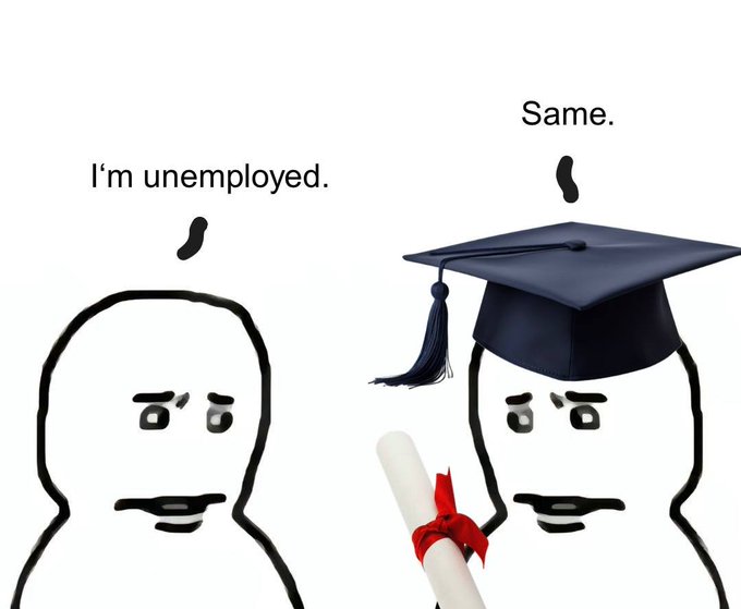 Two Wojak-style characters—one saying "I'm unemployed" and the other, wearing a graduation cap and holding a diploma, replying "Same"—mock the bleak job market awaiting college graduates, fitting the post's theme "college now."