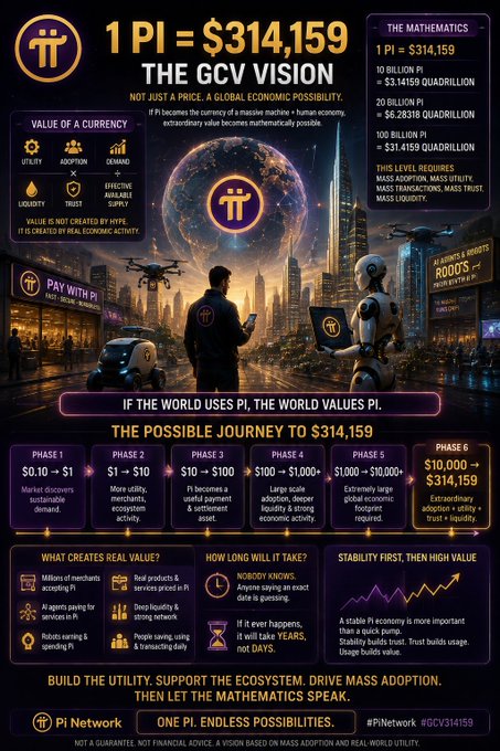 This is an infographic titled "1 PI = $314,159 THE GCV VISION," promoting the mathematical theory behind the Pi Network cryptocurrency's Global Consensus Value (GCV) price target. The image displays phase-by-phase progression showing how 1 Pi could escalate from $0.10 to $314,159 through mass adoption, ecosystem activity, and stability milestones. Accompanying post text asks viewers to consider the mathematical basis of GCV theory, arguing it's a "mathematically possible" trajectory rather than a guarantee.