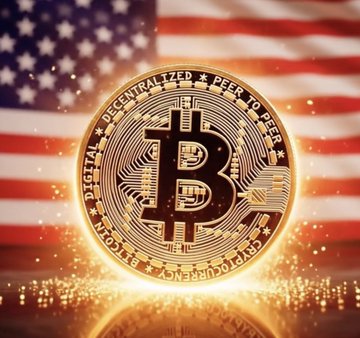 A glowing golden Bitcoin coin prominently displays the inscriptions "DIGITAL," "DECENTRALIZED," "PEER TO PEER," and "CRYPTOCURRENCY" against the backdrop of an American flag. The image visually underscores the post's warning that proposed Democratic policies—including a moratorium on Bitcoin mining and AI data centers—threaten the decentralized cryptocurrency industry in the United States.