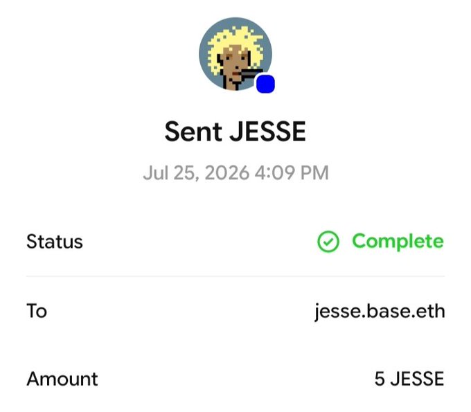 A transaction confirmation screen showing a completed transaction of 'Sent JESSE' for the amount of 5 JESSE sent to jesse.base.eth on Jul 25, 2026, featuring a pixel-art profile image.