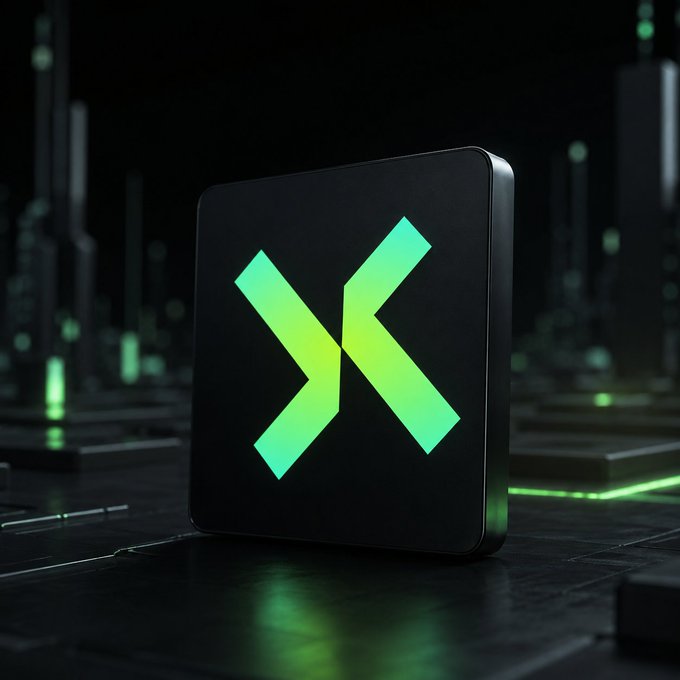 A 3D-rendered dark metallic cube displays a glowing green X-shaped logo in a futuristic dark environment with similar cubes in the background.