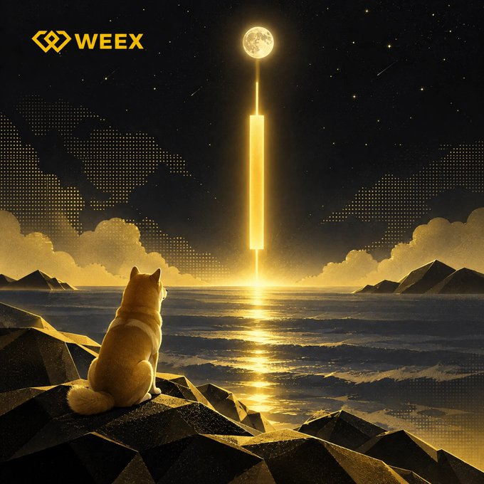 A digital artwork showing a Shiba Inu dog looking out at the ocean under a full moon, with a glowing yellow vertical line connecting them and the 'WEEX' logo in the corner.