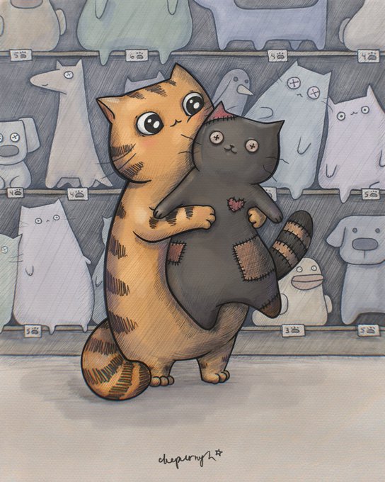 An illustration of a cat hugging a stuffed doll, standing in front of shelves filled with various other stuffed animal characters.