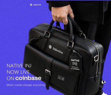 A black leather briefcase branded 'Native | Inj' is held by a person against a blue background, with text reading 'NATIVE INJ NOW LIVE ON coinbase' and 'What's inside changes everything.'