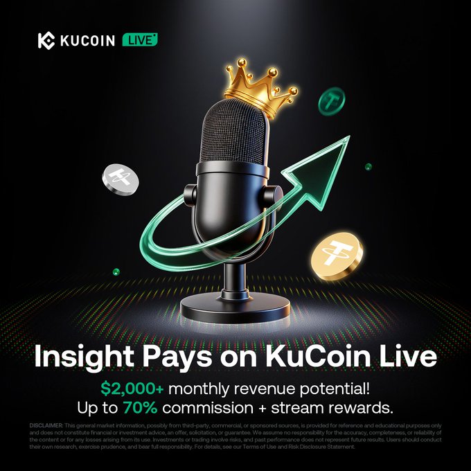 The image is a promotional graphic for KuCoin Live featuring a black microphone adorned with a gold crown, surrounded by floating Tether (USDT) coins and a green upward arrow, with text reading "Insight Pays on KuCoin Live," "$2,000+ monthly revenue potential," and "Up to 70% commission + stream rewards."

This visual reinforces the post's message by symbolizing how top-tier creators can "rule" the streaming space—turning market insights into premium rewards—with the crowned microphone representing elite status and the rising arrow and coins illustrating the promised earnings potential.