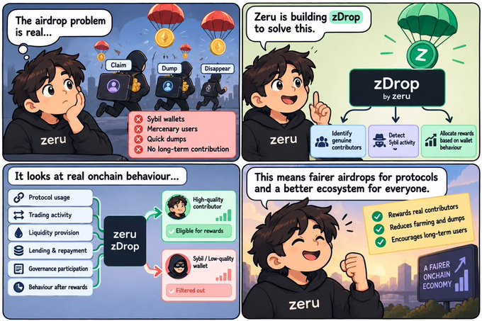 A four-panel infographic by 'zeru' explaining 'zDrop' as a solution to the airdrop problem, contrasting Sybil wallets and mercenary users with on-chain behaviors that identify genuine contributors for fairer airdrops.