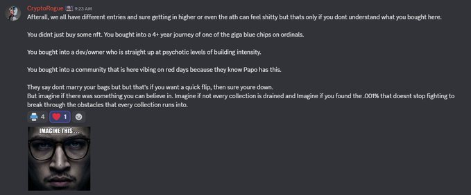 A social media post by CryptoRogue at 9:33 AM addresses NFT investors, reminding them that they didn't just buy art but a 4+ year journey with one of the "giga blue chips," a dev/owner with high integrity, and a vibrant community, while sharing an "IMAGINE THIS" meme of a man in glasses. The "thank you" caption likely expresses gratitude for this motivational message encouraging holders to stay confident amid market dips.