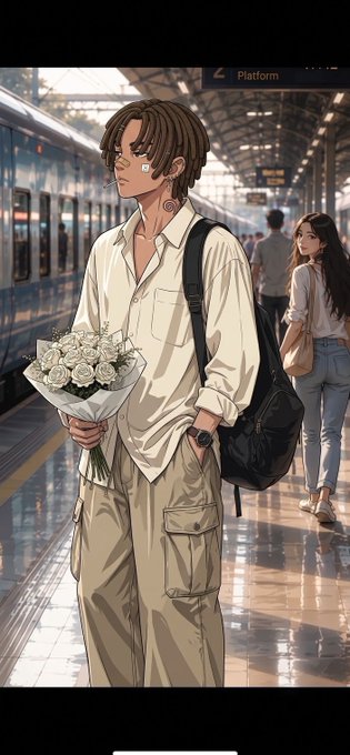 An anime-style illustration shows a young man with dreadlocks standing on a train platform (marked "Platform") holding a bouquet of white roses, with a woman waiting behind him near a silver train. The image complements the post's relaxed Friday vibe, evoking a sense of anticipation—perhaps for a weekend meeting, date, or journey ahead.