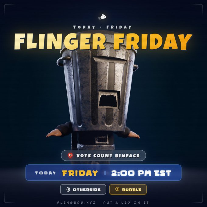 A promotional graphic for 'FLINGER FRIDAY' at 2:00 PM EST features a character wearing a metal trash can as a helmet, with a 'VOTE COUNT BINFACE' button.