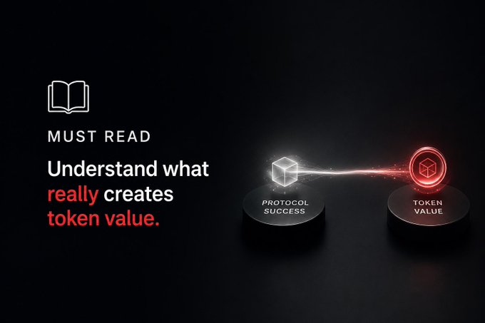 A 'Must Read' digital graphic titled 'Understand what really creates token value,' showing a connection between 'Protocol Success' and 'Token Value' with glowing 3D cube icons.
