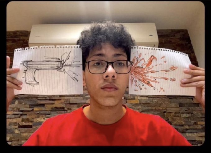 A young person with glasses in a red shirt holds up two notebook pages displaying drawings—one showing a pencil sketch of a gun firing, the other a red ink drawing of the resulting bullet spray—creating a visual transition effect.