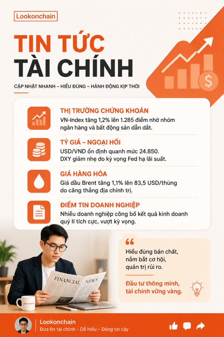 A Vietnamese financial news infographic titled "TIN TỨC TÀI CHÍNH" from Lookonchain, covering stock market news (VN-Index up 1.2%), forex rates (USD/VND at 24,850), commodity prices, and business activities.