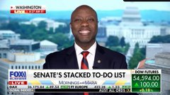 A screenshot from Fox Business shows anchor Charles Payne discussing the Senate's "Stacked To-Do List," including the Clarity Act championed by Senator Tim Scott, with the Dow Futures at 54,394.00 and S&P 500 at 6,583.00 displayed at the bottom. The chyron supports the post's message that the Senate should prioritize a vote on the Clarity Act to provide regulatory clarity for digital assets while keeping innovation in America.