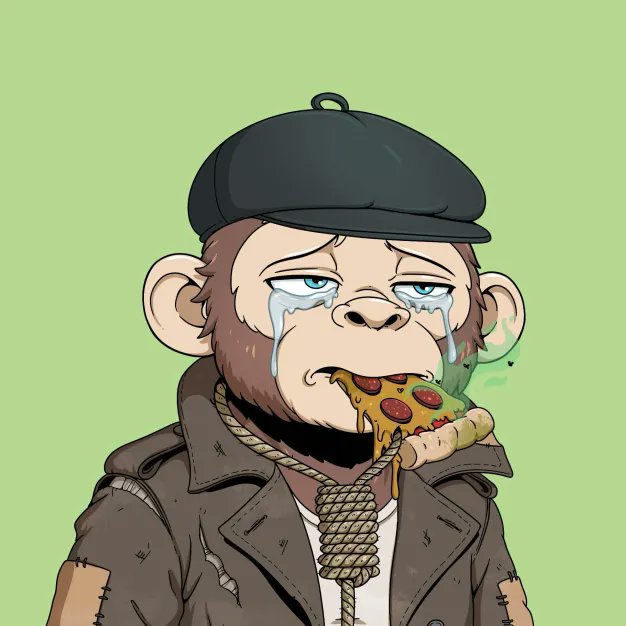 An illustration of a sad monkey wearing a black cap and coat, crying while eating a slice of pizza with a noose around its neck.