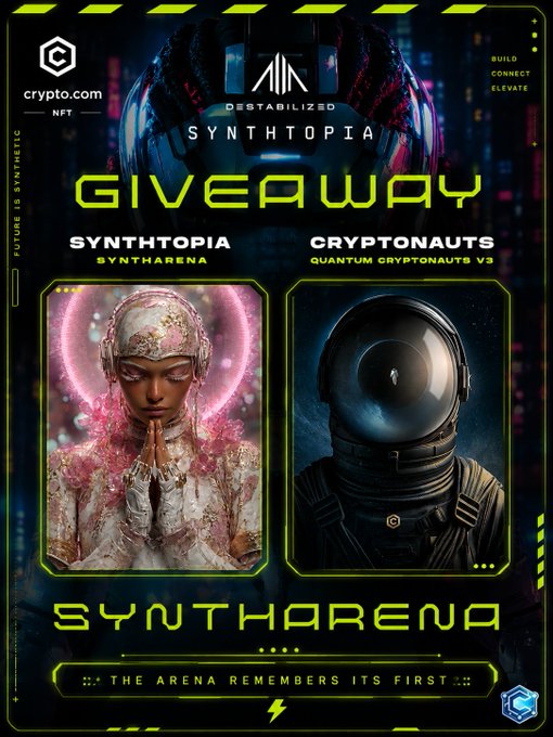 A 'GIVEAWAY' promotional poster for 'SYNTHTOPIA' and 'CRYPTONAUTS' NFTs displays two character portraits labeled 'SYNTHARENA' and 'QUANTUM GRYPTONAUTS V3' against a futuristic cyberpunk background.