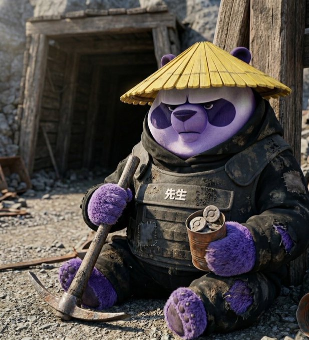 The image features a cartoon panda bear sitting next to a pile of rocks with a wooden stick in its paws. The panda bear has a hat on, giving it a unique appearance. In front of the panda bear, there are two coins placed on the ground. The background shows an old building and some trees, suggesting that this scene takes place in an outdoor setting.